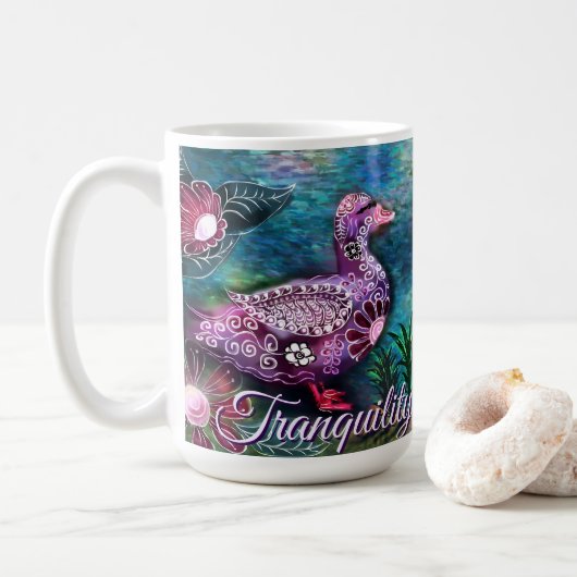 Whimsical Floral Duck Purple Teal Personalized コーヒーマグカップ (ドーナツ)