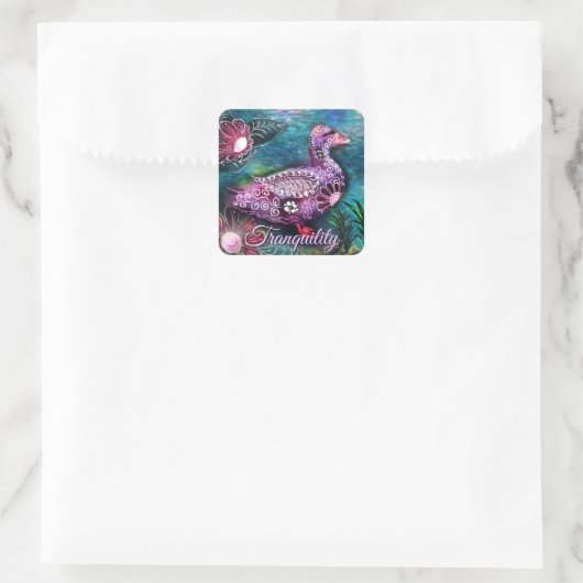 Whimsical Floral Duck Purple Teal Personalized スクエアシール (バッグ)
