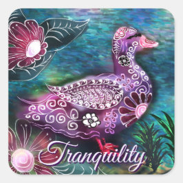 Whimsical Floral Duck Purple Teal Personalized スクエアシール