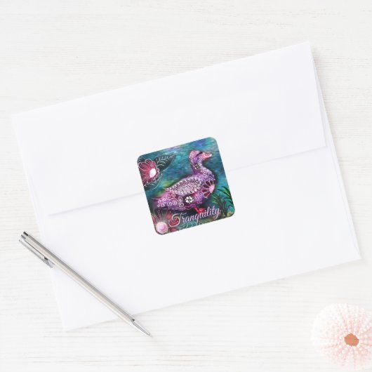 Whimsical Floral Duck Purple Teal Personalized スクエアシール (封筒)