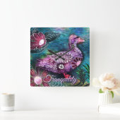 Whimsical Floral Duck Purple Teal Personalized スクエア壁時計 (ホーム)