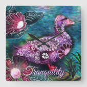 Whimsical Floral Duck Purple Teal Personalized スクエア壁時計 (正面)