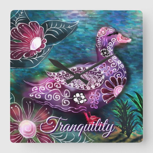 Whimsical Floral Duck Purple Teal Personalized スクエア壁時計 (正面)