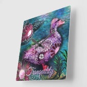Whimsical Floral Duck Purple Teal Personalized スクエア壁時計 (傾斜)