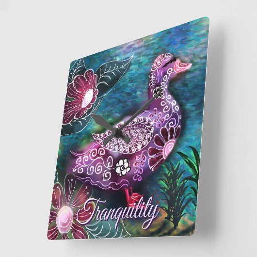 Whimsical Floral Duck Purple Teal Personalized スクエア壁時計 (傾斜)
