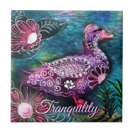 Whimsical Floral Duck Purple Teal Personalized タイル