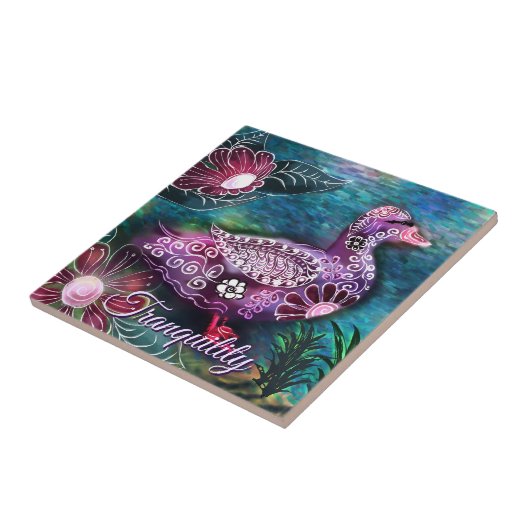 Whimsical Floral Duck Purple Teal Personalized タイル (側面)
