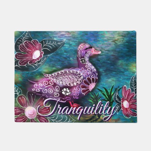 Whimsical Floral Duck Purple Teal Personalized ドアマット (正面)