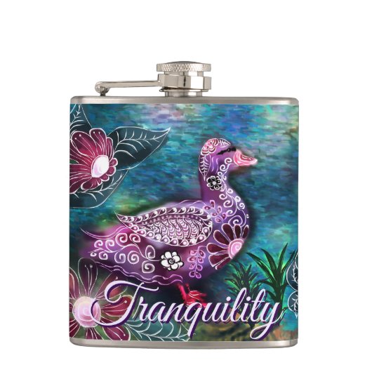 Whimsical Floral Duck Purple Teal Personalized フラスク (正面)