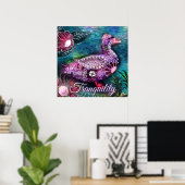 Whimsical Floral Duck Purple Teal Personalized ポスター (ホームオフィス)