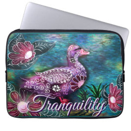 Whimsical Floral Duck Purple Teal Personalized ラップトップスリーブ