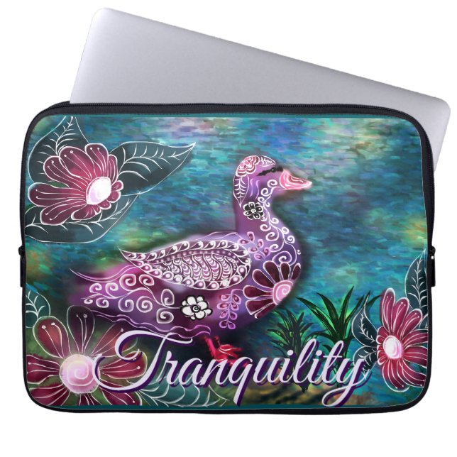 Whimsical Floral Duck Purple Teal Personalized ラップトップスリーブ (正面)
