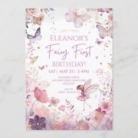 Whimsical Floral Fairy First Birthday Invitation 招待状 (正面)