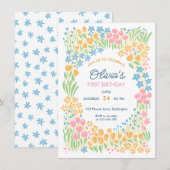 Whimsical Floral First Birthday Party 招待状 (正面/裏面)