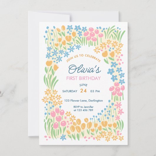 Whimsical Floral First Birthday Party 招待状 (正面)