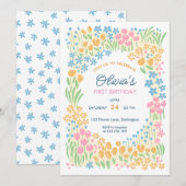 Whimsical Floral First Birthday Party 招待状 (正面/裏面)