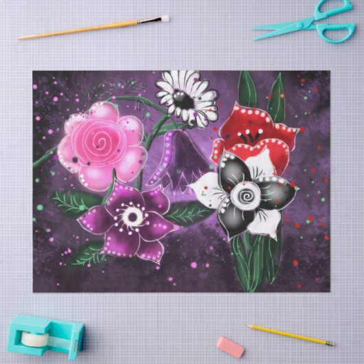 Whimsical Floral Flower Purple Black Decoupage 薄葉紙 (クラフト)