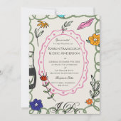 Whimsical Floral Folk Art Wedding Hand Drawn  招待状 (正面)