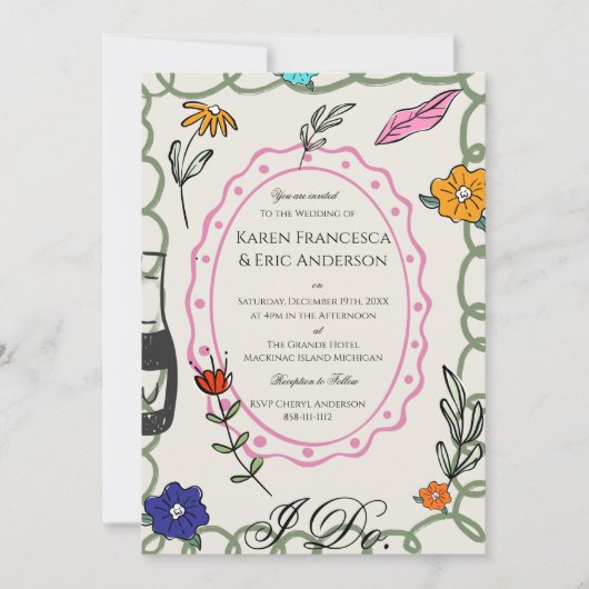 Whimsical Floral Folk Art Wedding Hand Drawn  招待状 (正面)