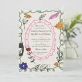 Whimsical Floral Folk Art Wedding Hand Drawn  招待状 (スタンド正面)
