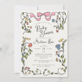 Whimsical Floral Girl Doodle Baby Shower Invite 招待状