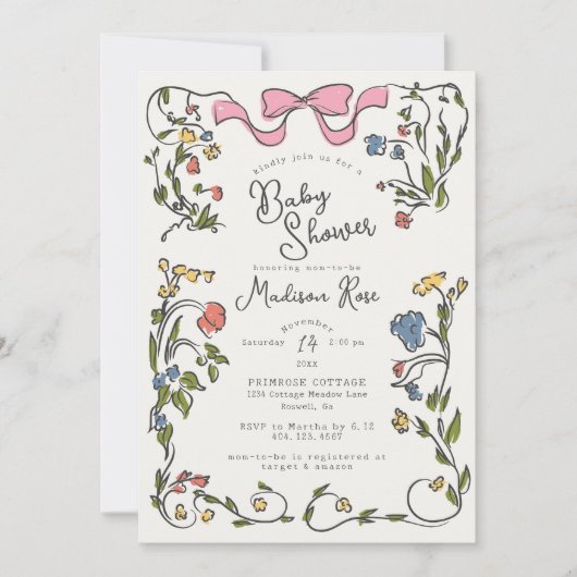 Whimsical Floral Girl Doodle Baby Shower Invite 招待状 (正面)