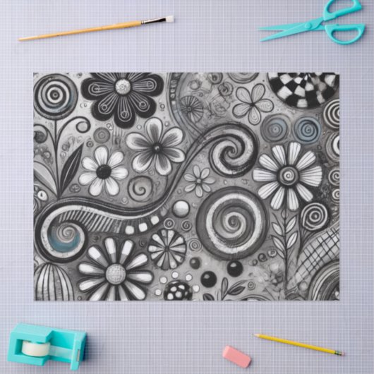 Whimsical Floral Grayscale Black White Decoupage 薄葉紙 (クラフト)