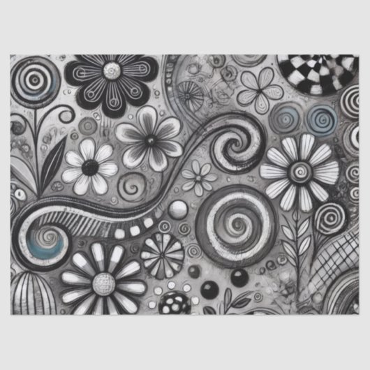 Whimsical Floral Grayscale Black White Decoupage 薄葉紙 (正面)