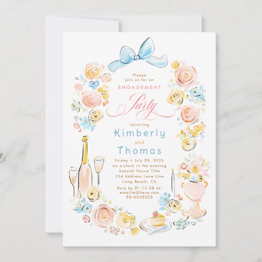 Whimsical Floral Hand Drawn Bow Engagement Party 招待状 (正面)