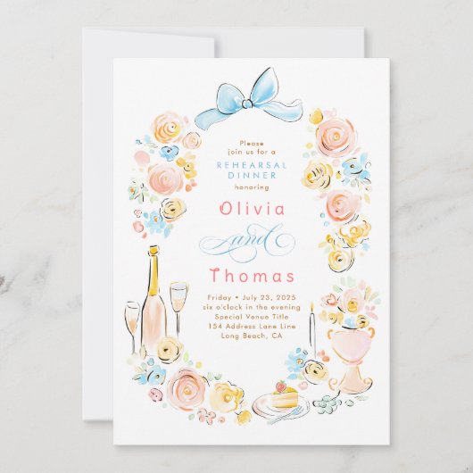 Whimsical Floral Hand Drawn Bow Rehearsal Dinner 招待状 (正面)