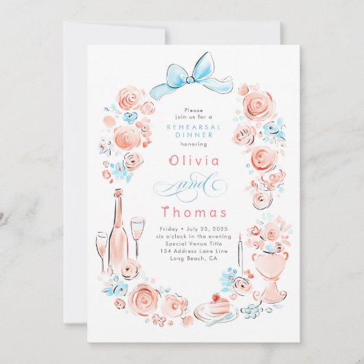 Whimsical Floral Hand Drawn Bow Rehearsal Dinner 招待状 (正面)