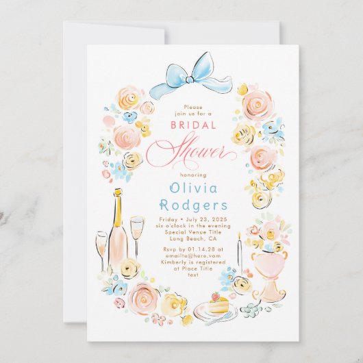 Whimsical Floral Hand Drawn Chic Bow Bridal Shower 招待状 (正面)