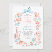 Whimsical Floral Hand Drawn Coquette Bow Birthday 招待状 (正面)