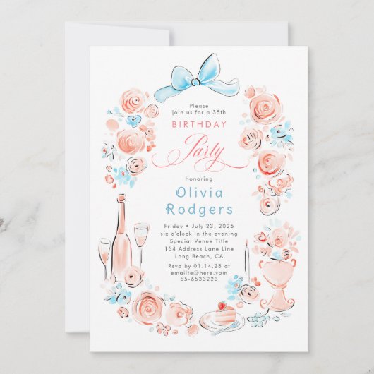 Whimsical Floral Hand Drawn Coquette Bow Birthday 招待状 (正面)