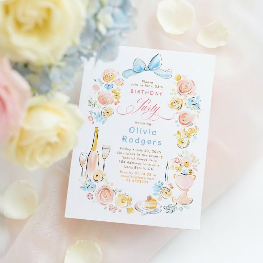 Whimsical Floral Hand Drawn Coquette Bow Birthday 招待状