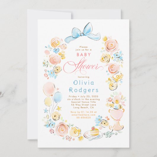Whimsical Floral Hand Drawn Cute Bow Baby Shower 招待状 (正面)