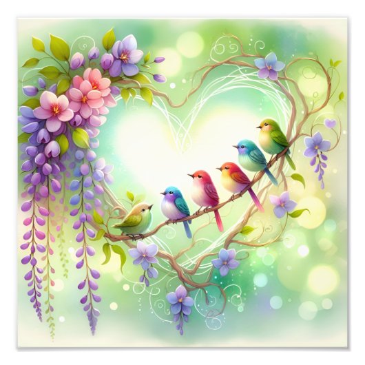 Whimsical Floral Heart Birds Watercolor Design フォトプリント (正面)