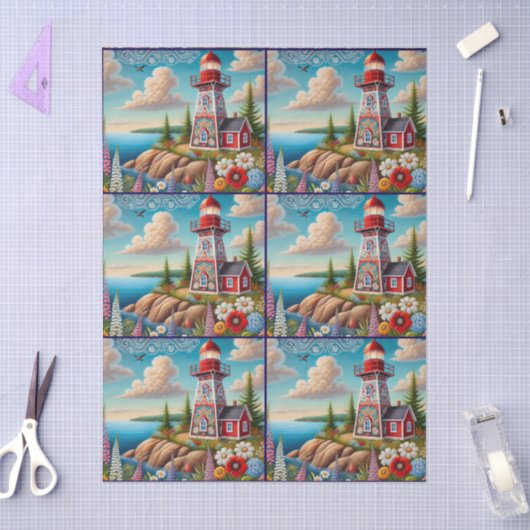 Whimsical Floral Lighthouse Nautical Decoupage  薄葉紙 (クラフト)