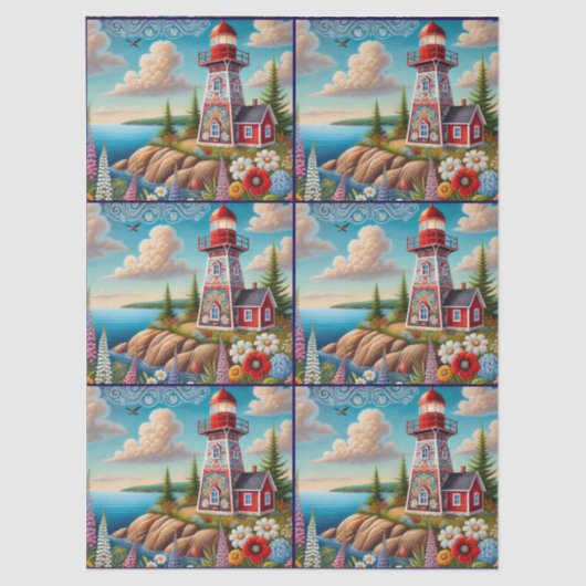 Whimsical Floral Lighthouse Nautical Decoupage  薄葉紙 (正面)