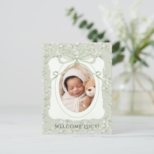 Whimsical Floral Photo Baby Birth 案内ポストカード (スタンド正面)
