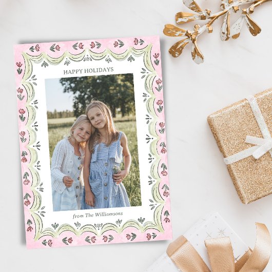 Whimsical Floral Pink Green Modern Christmas Photo シーズンカード