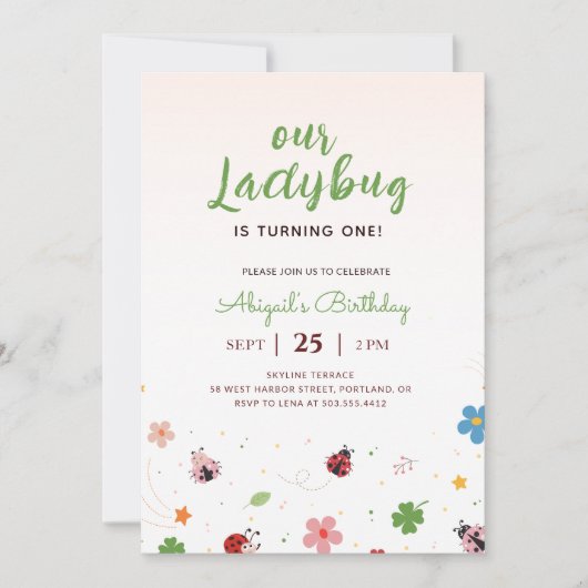 Whimsical Floral Red Cute Bug Ladybug 1st Birthday 招待状 (正面)