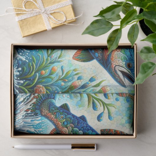 Whimsical Floral Salmon Fish Blue Decoupage 薄葉紙 (ギフト)