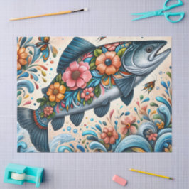 Whimsical Floral Salmon Fish Decoupage  薄葉紙