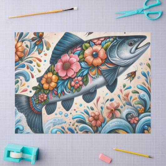 Whimsical Floral Salmon Fish Decoupage  薄葉紙 (クラフト)