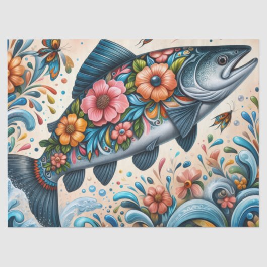Whimsical Floral Salmon Fish Decoupage  薄葉紙 (正面)