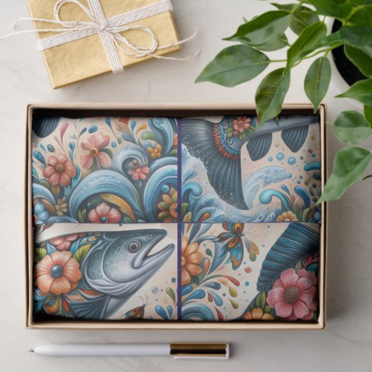 Whimsical Floral Salmon Fish Decoupage  薄葉紙 (ギフト)