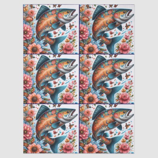 Whimsical Floral Salmon Fish Decoupage  薄葉紙 (正面)