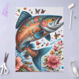 Whimsical Floral Salmon Fish Decoupage  薄葉紙