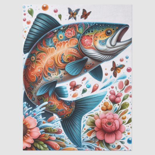 Whimsical Floral Salmon Fish Decoupage  薄葉紙 (正面)